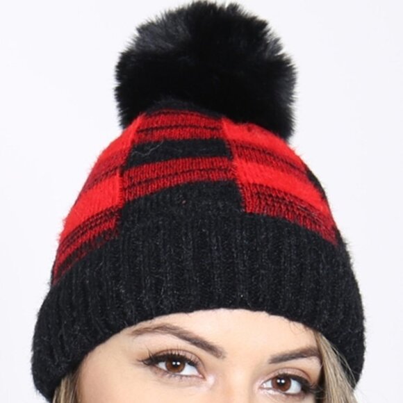 CHECKERED PRINT BEANIE WITH POM POM - Picture 2 of 6